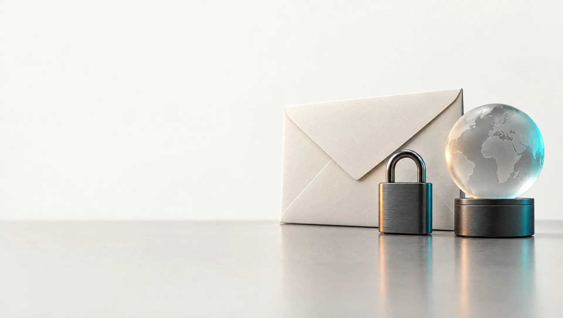 An envelope, a padlock, and a glass globe on a desk