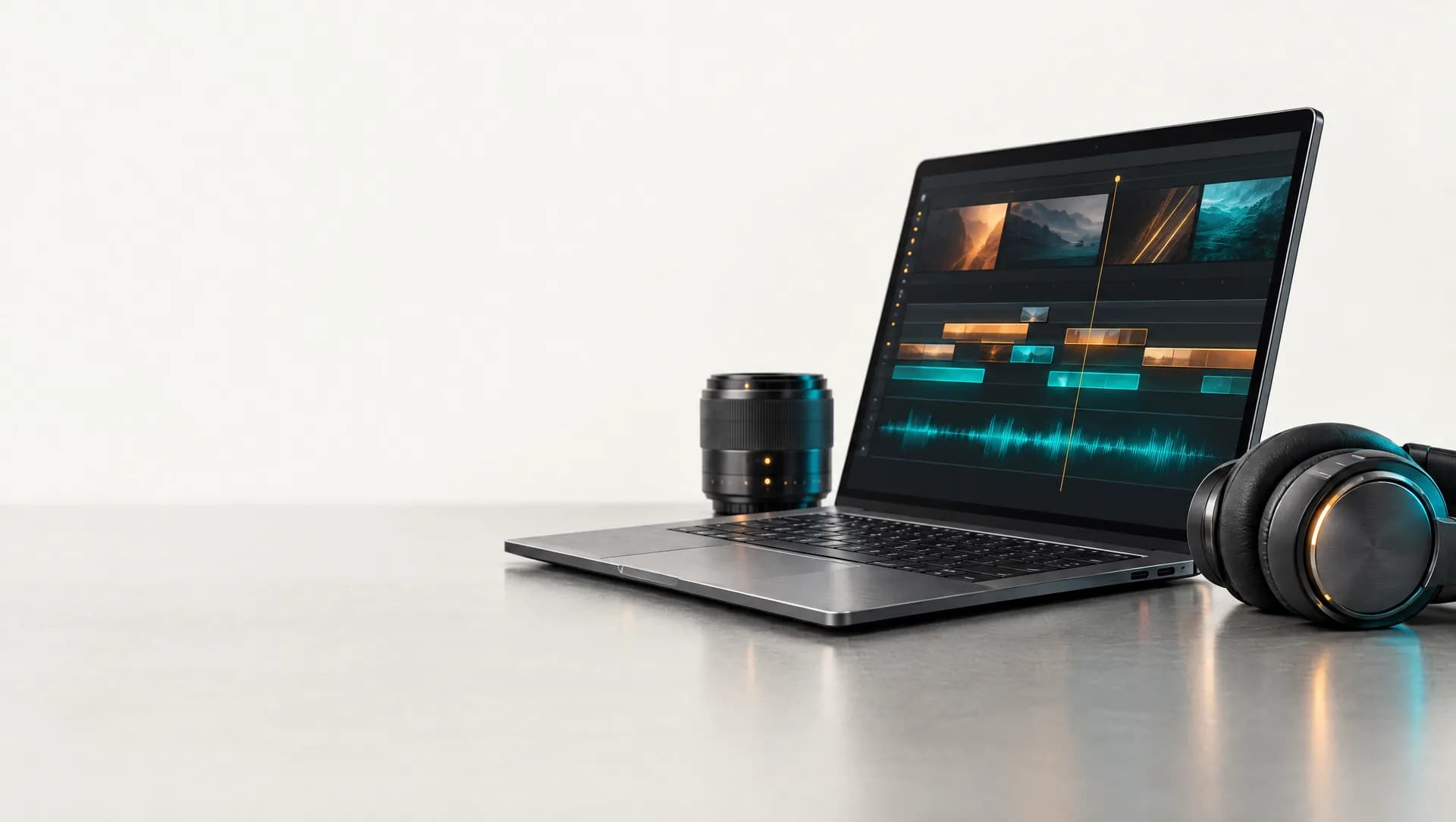 A laptop showing a video timeline, with a camera lens and headphones